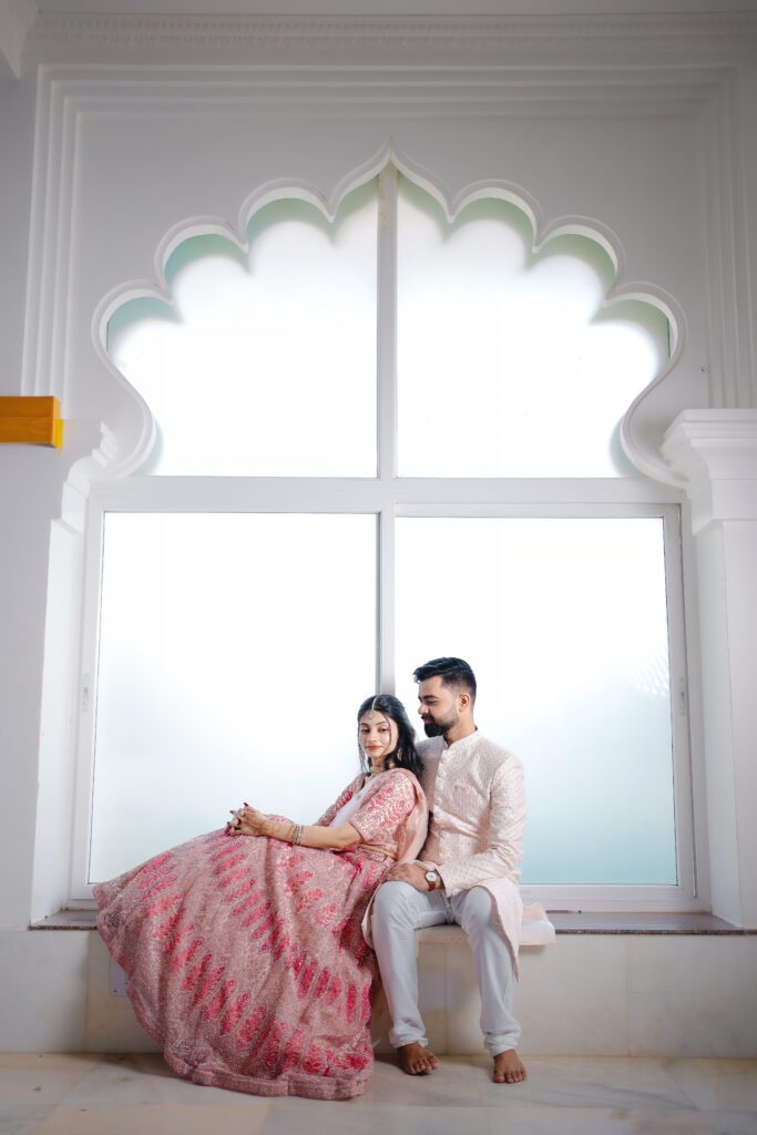 A Pre wedding shoot of couple in wedding dress